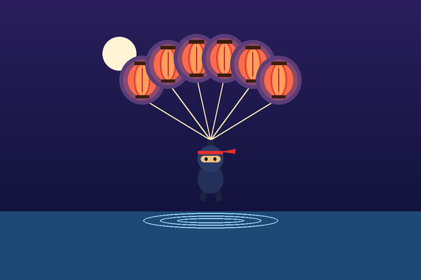 A ninja hanging from glowing paper lanterns over a pond