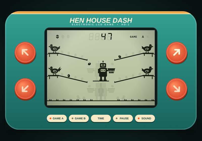 Hen House Dash free retro LCD egg-catching handheld game.