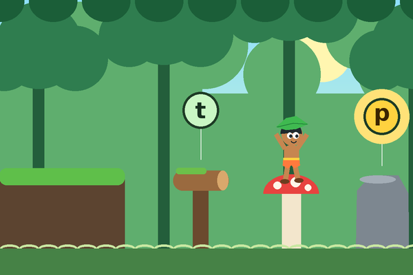 Jungle Jump: Kai with a leaf hat jumping across platforms with letter bubbles