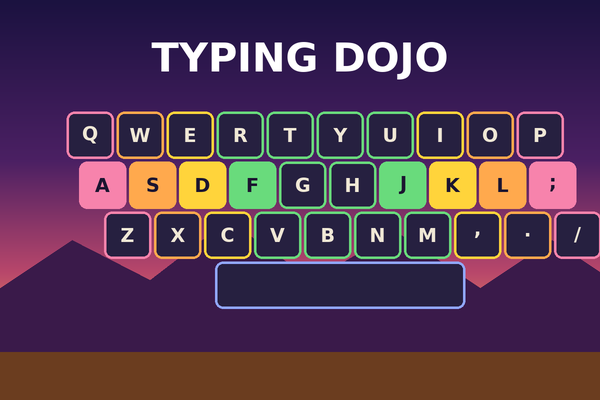 Typing Dojo: a coloured keyboard on a sunset dojo background