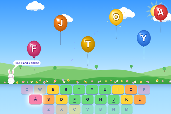 Letter Balloons: colourful balloons with big letters over green hills, a bunny and a coloured keyboard