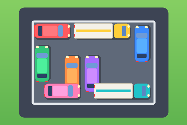 Parking Jam: a jammed parking lot full of colourful cars and trucks