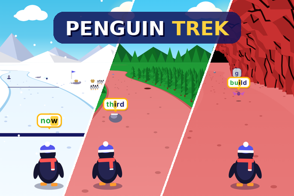 Penguin Trek: Pip the penguin running through ice, a summer forest and a red tunnel, with words to type above the obstacles