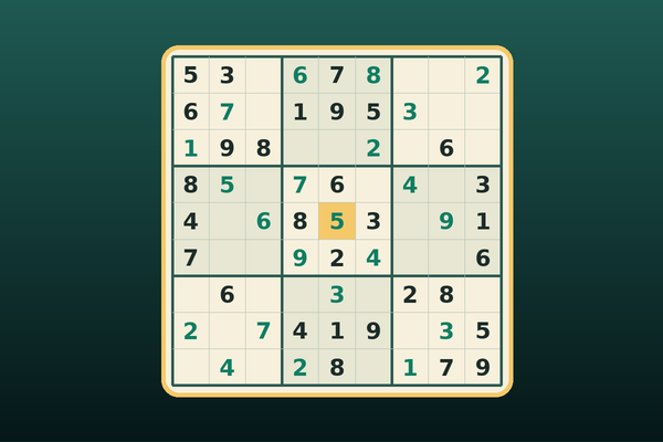 Sudoku board with gold and cream tiles on a jade background