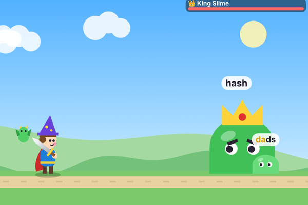 Typing Quest: a young hero in a wizard hat facing King Slime and his slimes, with words to type above them