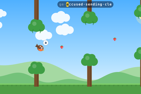 Typing Wings: a robin flying between trees while letters to type scroll along a ribbon