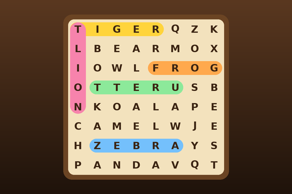 Word search grid with coloured highlights on parchment
